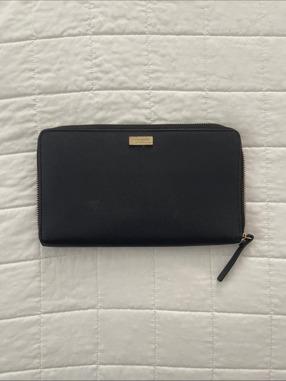kate spade Black Zip-Around Leather Wallet with Gold Plaque